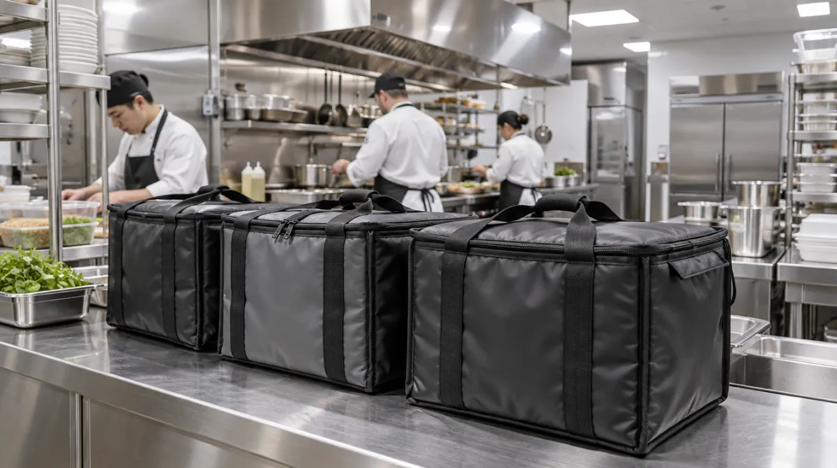 A compact commercial kitchen with delivery bags lined up on a steel counter