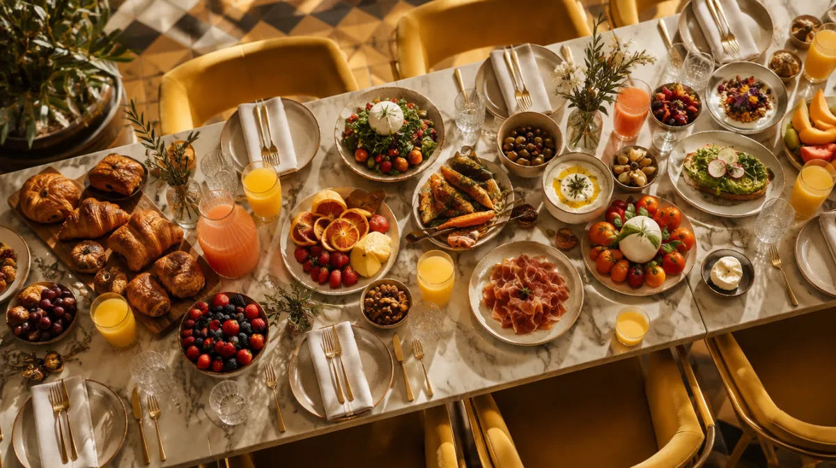 A long brunch table with sharing plates, fresh juices and pastries in a bright restaurant