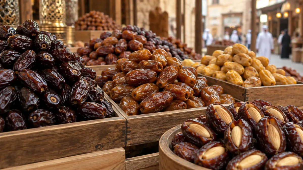Wooden trays of glossy dark, amber and golden dates at a souq stall, with almond-stuffed dates in front