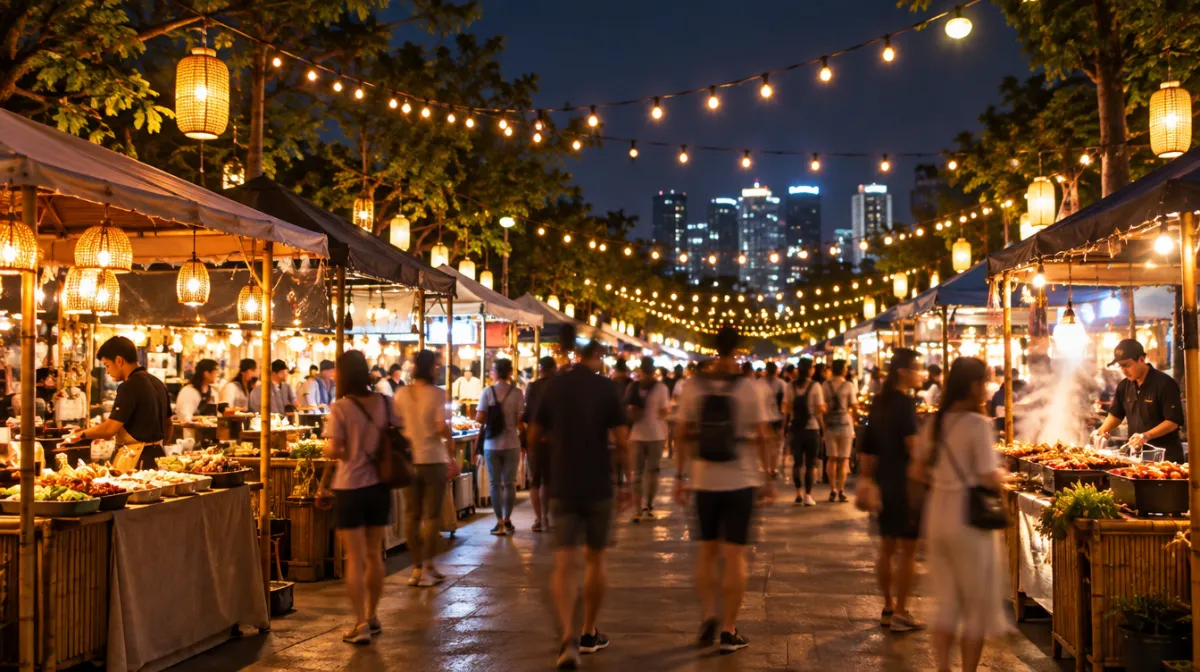 An outdoor night food market with glowing stalls and strings of lights