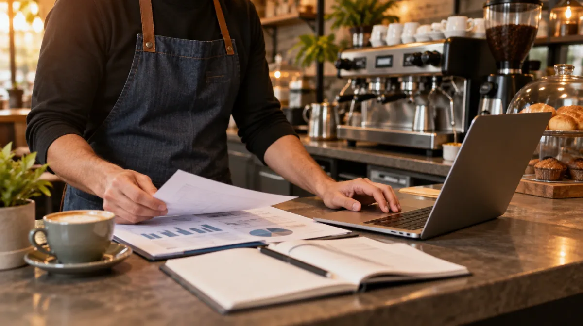 A business owner reviewing documents at a café counter with a laptop