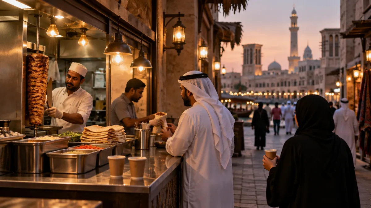 A small cafeteria counter in old Dubai at dusk serving shawarma wraps and karak tea in paper cups