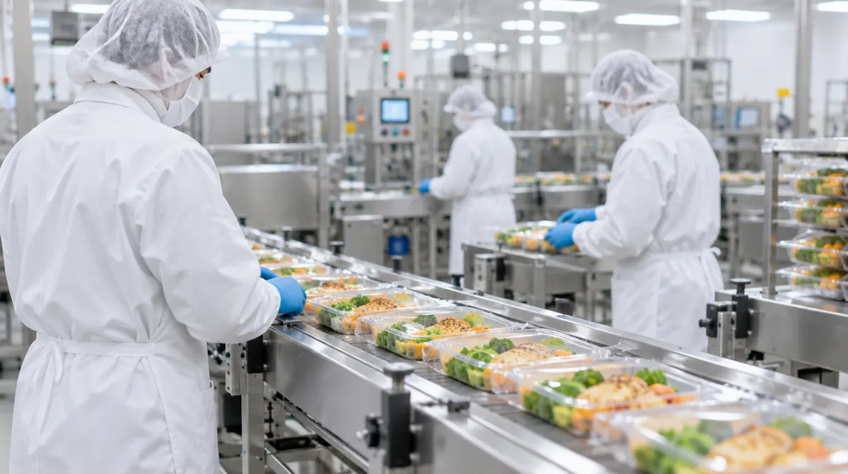 A food production line with workers in hygiene gear inspecting packaged products