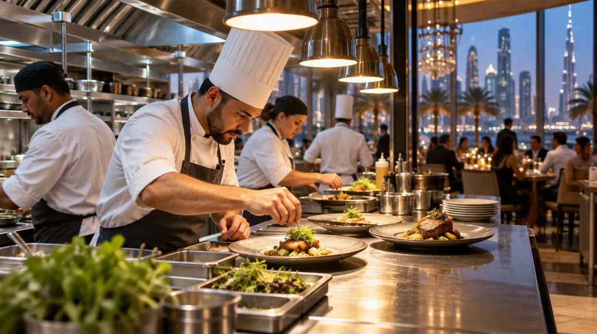 Chefs plating dishes at a stainless steel pass in a busy modern Dubai restaurant kitchen